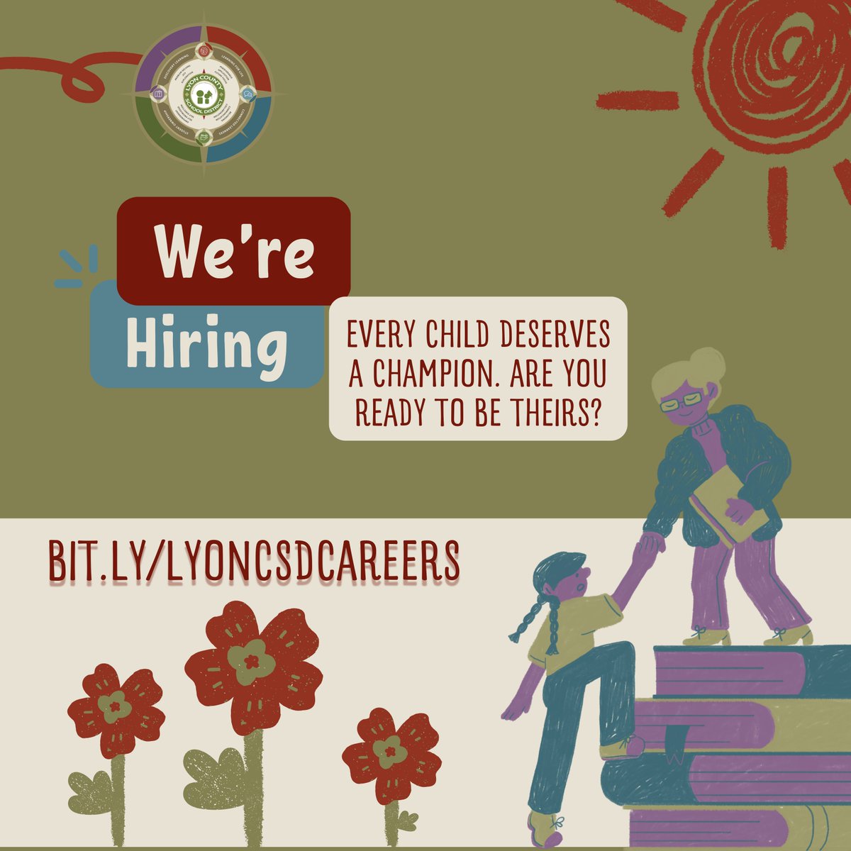 🌟👩‍🏫 Every child deserves a champion. Are you ready to be theirs? Lyon County School District is seeking dedicated teachers to support and empower our students. Join our team and make a difference! Apply now: bit.ly/lyoncsdcareers #ChampionForChildren #JoinTheTeam