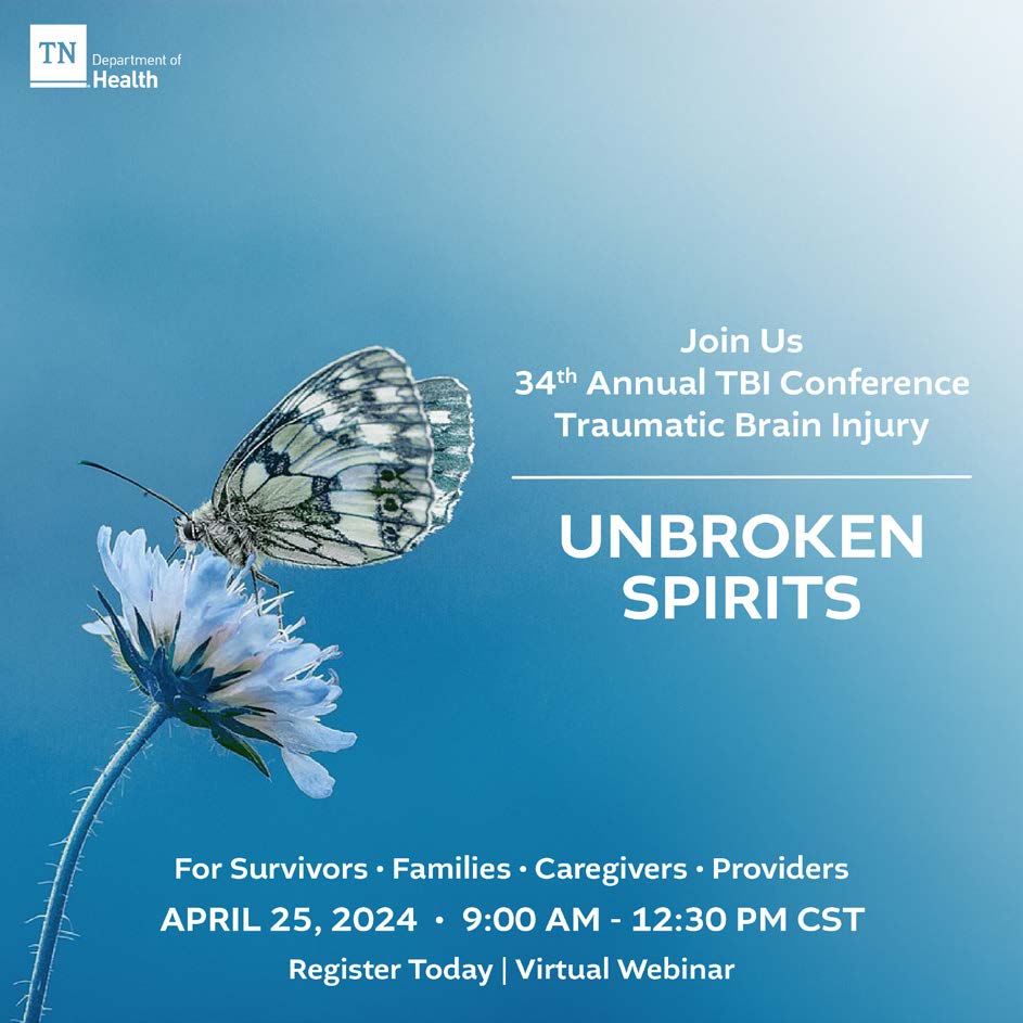 Join us for the 34th Annual Traumatic Brain Injury (TBI) Conference on 4/25, from 9:00 AM - 12:30 PM CST. Register here: tn.webex.com/weblink/regist…. To learn more about TDH's TBI program visit: tn.gov/health/TBI or call the TBI Hotline at 1-800-882-0611. #TBIAwareness