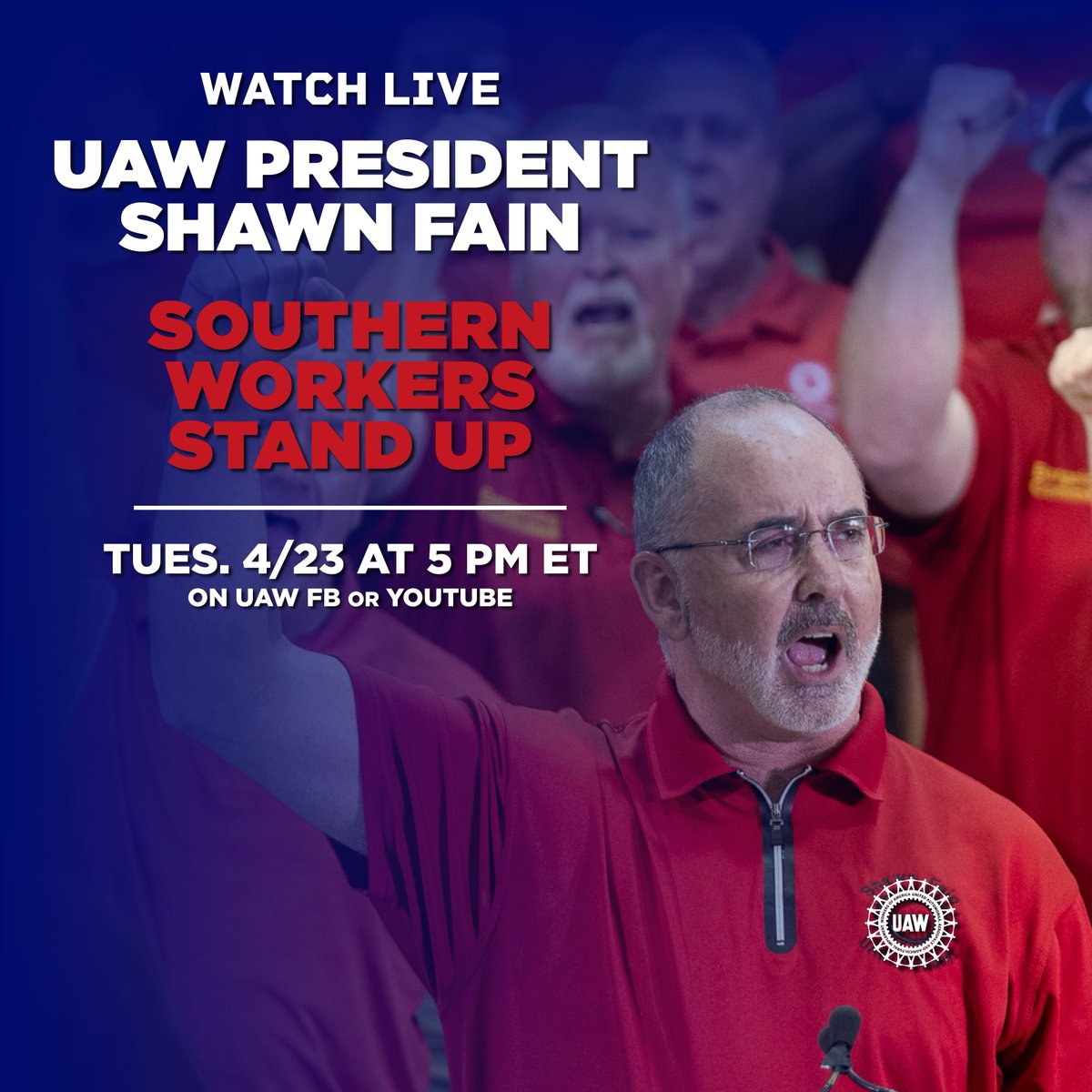 Southern workers are standing up! Tune in to hear President Shawn Fain discuss the workers' fight at Volkswagen, Daimler, Mercedes, and beyond. Watch on UAW YouTube or on Facebook Live. Tues., 4/23 at 5 pm ET. youtube.com/@uawunion #StandUpUAW