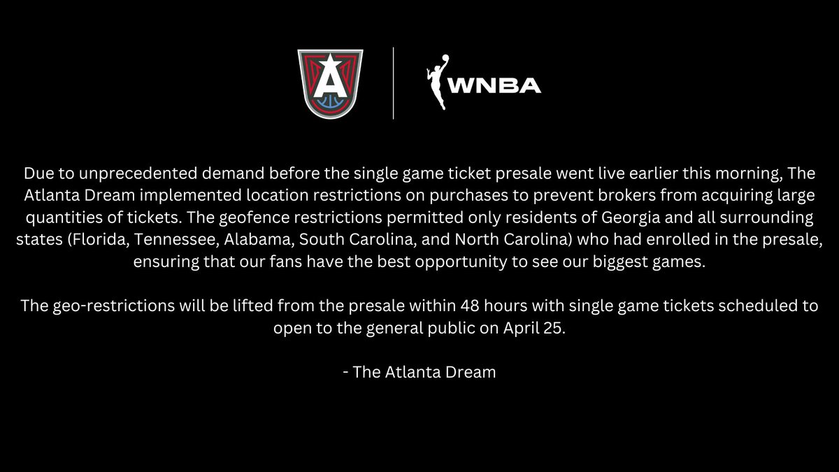 Official statement from the Atlanta Dream regarding the single game ticket presale.