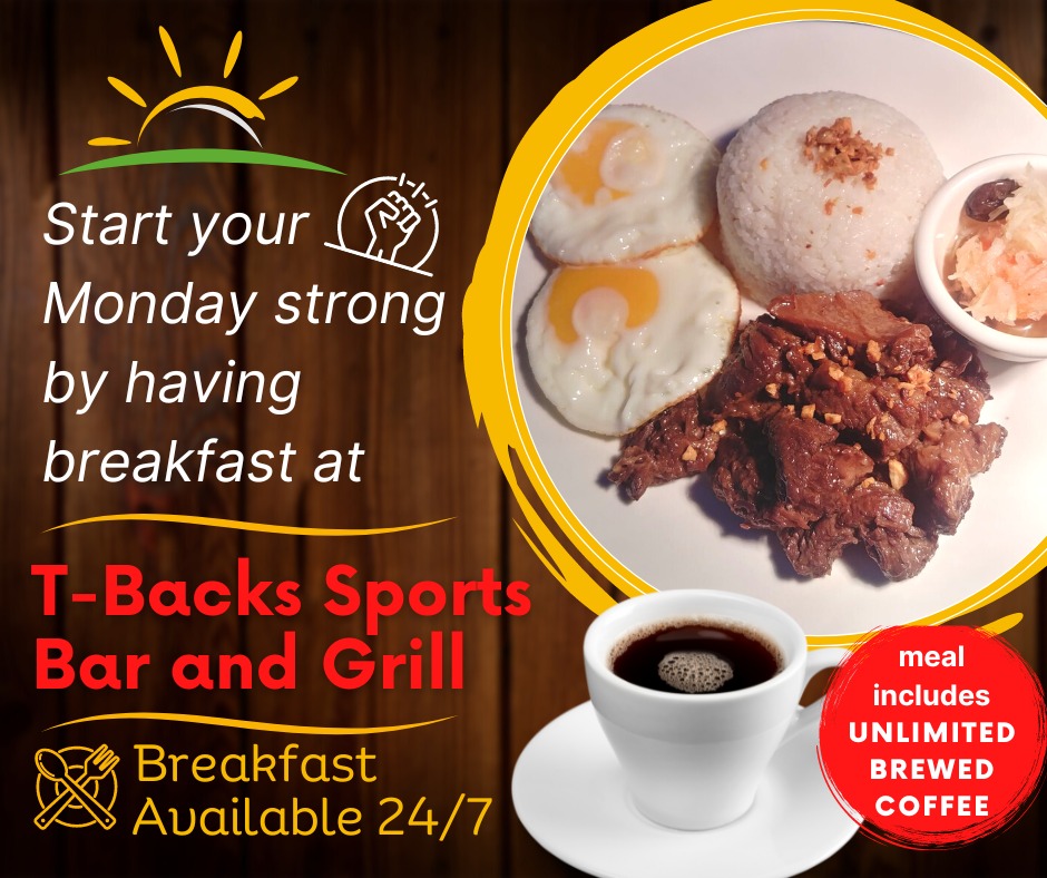 tbacksbbq's tweet photo. T-Backs Sports Bar and Grill has Tapsilog at only โฑ369 for breakfast or anytime 24/7. #unlimitedbrewedcoffee #tbacksisgood #tapsilog #tbackssportsbarandgrill #Pampanga #butfirstcoffee #angelescity #Everyone https://t.co/JyHy5n75g6