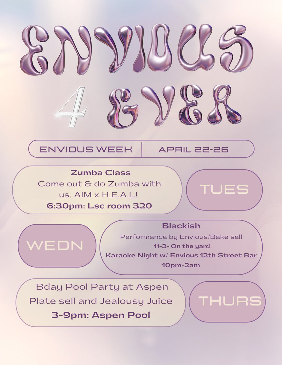HAPPY ENVIOUS WEEK!! 💜💜💜 Come join us for a week of events in honor of Envious turning 4 on the
25th!🎉

See y'all Tuesday at 6:30pm for a collab Zumba class with H.E.A.L &amp; AIM!🤍