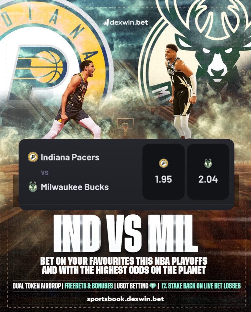 #NBA     PLAYOFFS LOWEST VIG LIVE ODDS - PACERS @ BUCKS

*Vig drops as low as 0.1%

Latest #NBA   Odds

✅ Indiana Pacers ML 1.95
✅ Milwaukee Bucks ML 2.04

Lowest Vig on #NBAPlayIn & #NBAPlayoffs     Odds on DexWin : bit.ly/sportsbook-dex…

#NBAXLive        #PrizePicksNBA