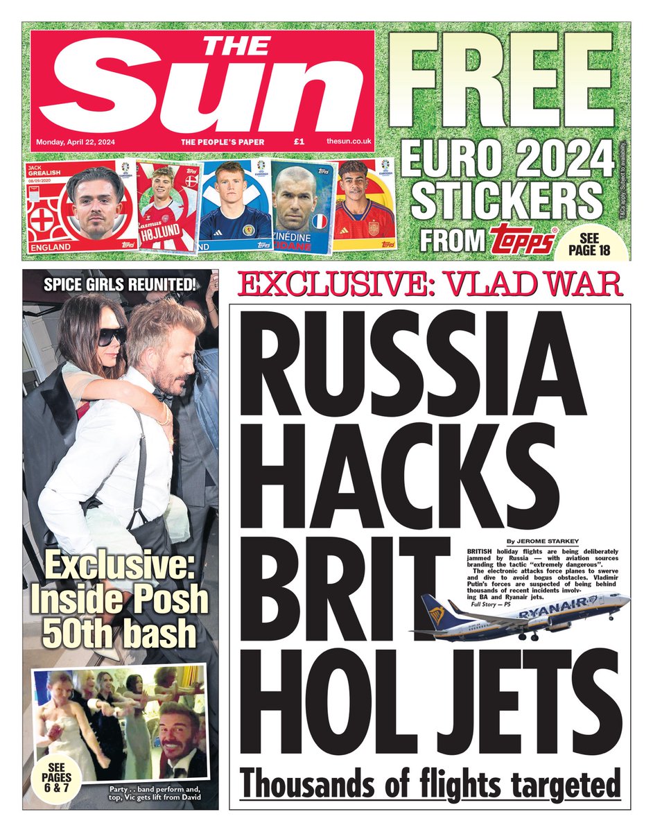 Monday’s SUN: “Russia Hacks Brit Hol Jets” #TomorrowsPapersToday