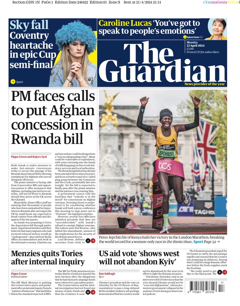 Monday’s GUARDIAN: “PM faces calls to put Afghan concession in Rwanda bill” #TomorrowsPapersToday