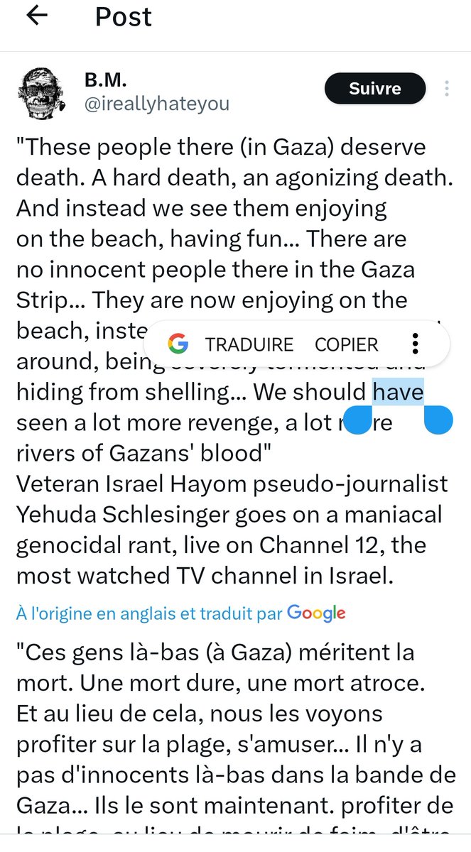 On n'a plus de mots devant la diatribe haineuse, déshumanisée, génocidaire, raciste, coloniale, déversée sur un plateau tv en Israël par ce journaliste Yehuda Schlesinger, alors que l'extrême droite est au pouvoir depuis des années et que l'histoire du pays s'appuie sur la Nakba!