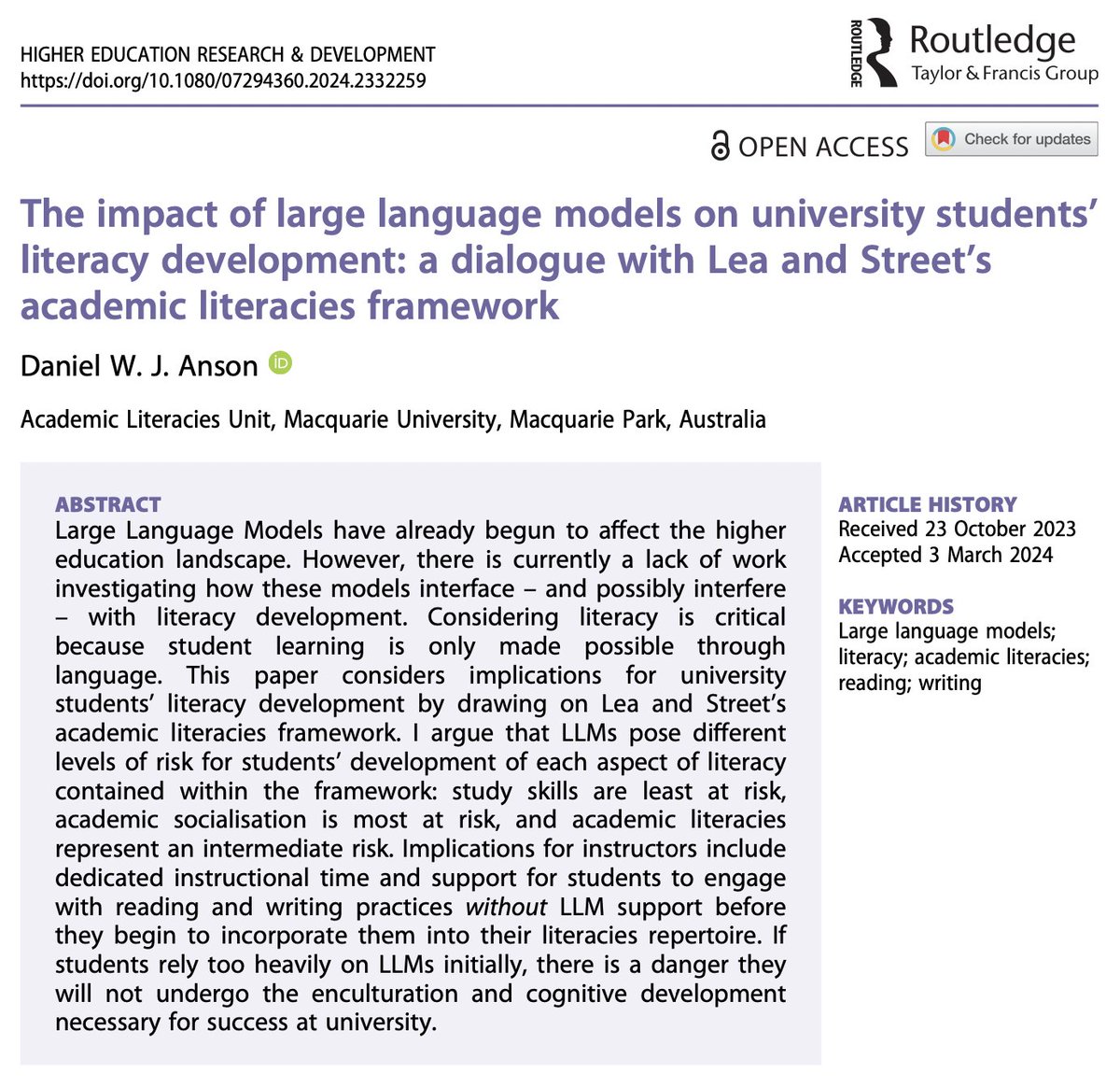 The impact of large language models on university students’ literacy development: a dialogue with Lea & Street’s academic literacies framework

Daniel WJ Anson

🔓→ doi.org/10.1080/072943…

#HigherEd #AcademicLiteracies #LLMs #AI #AcrWri #LargeLanguagemodels #UniversityStudents