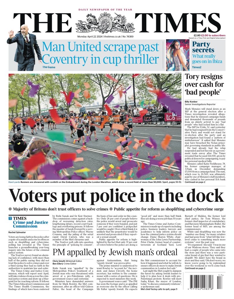 Monday’s TIMES: “Voters put police in the dock” #TomorrowsPapersToday