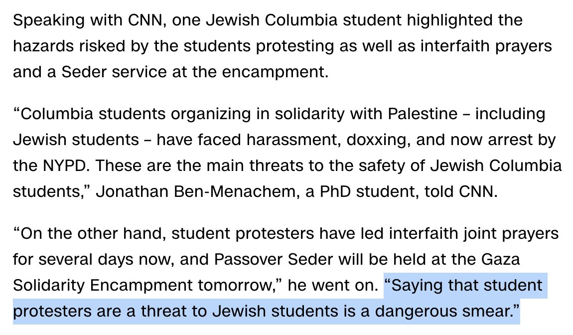 Maybe the White House, @jaketapper, and others who are convinced that Columbia is unsafe for Jewish students because of the Gaza solidarity encampment should do what CNN reporters @CelinaTebor and @zoe_sottile did — talk to Jewish students at Columbia. cnn.com/2024/04/21/us/…