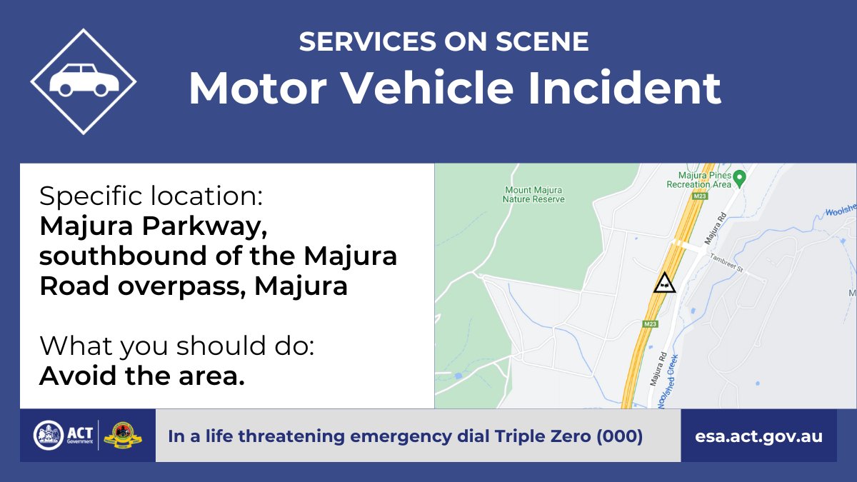Motor Vehicle Incident - Majura There has been a motor vehicle incident southbound on the Majura Parkway, near the Majura Road overpass, in Majura. The Majura Road overpass southbound is closed, which is impacting traffic. ... esa.act.gov.au/node/6173