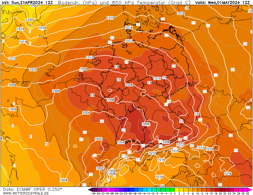 #ECMWF 12z
Ende April/Anfang Mai entwickelt sich eine südliche Strömung und warme #Luft aus dem Mittelmeer-Raum erreicht #Deutschland.
Die #Temperaturen könnten dann 25 / 32 Grad erreichen, vor allem im Westen auch #Gewitter/#Unwetter möglich!
🟥☀️⛈️
wetterzentrale.de