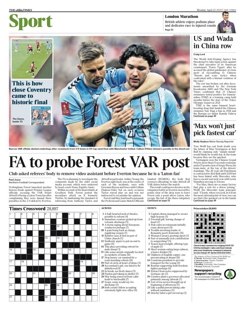 Monday’s TIMES Sport: “FA to probe Forest VAR post” #TomorrowsPapersToday