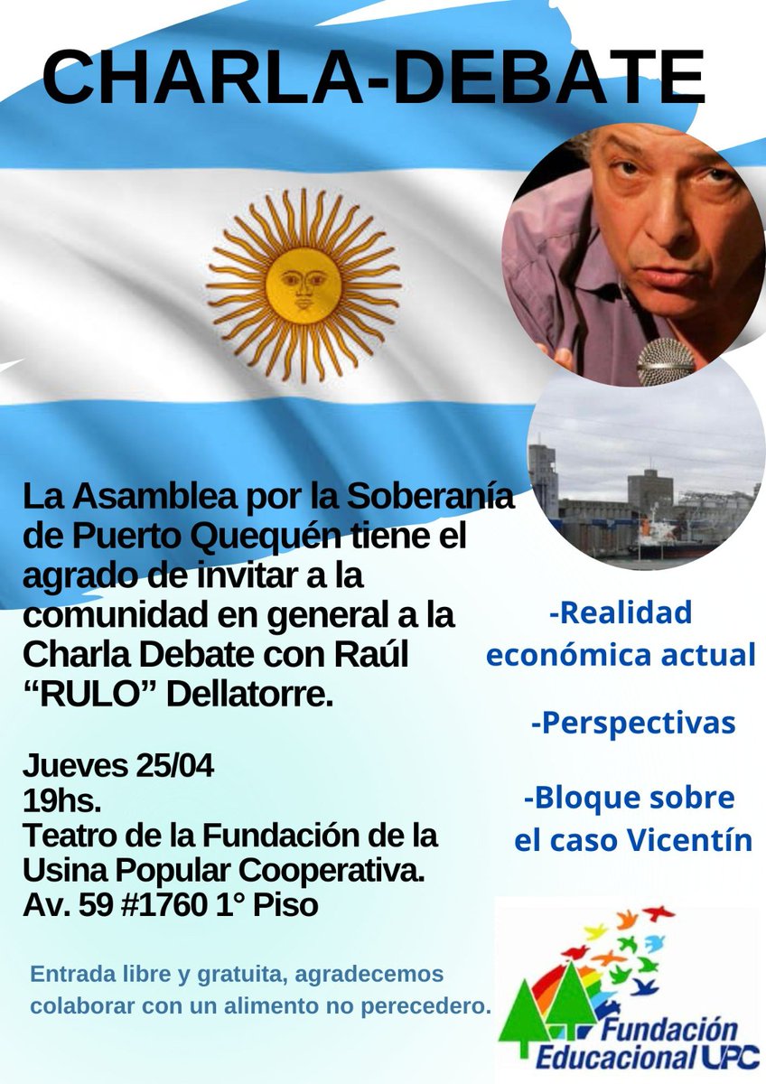 ATENCION #NECOCHEA/#QUEQUEN y alrededores 
@DellatorreRaul este jueves 25/4 en una charla debate abierta a todo público 
📍 19hs - Av 59 #1760 
Oganiza: Asamb Popular por la Soberanía de Puerto Quequén