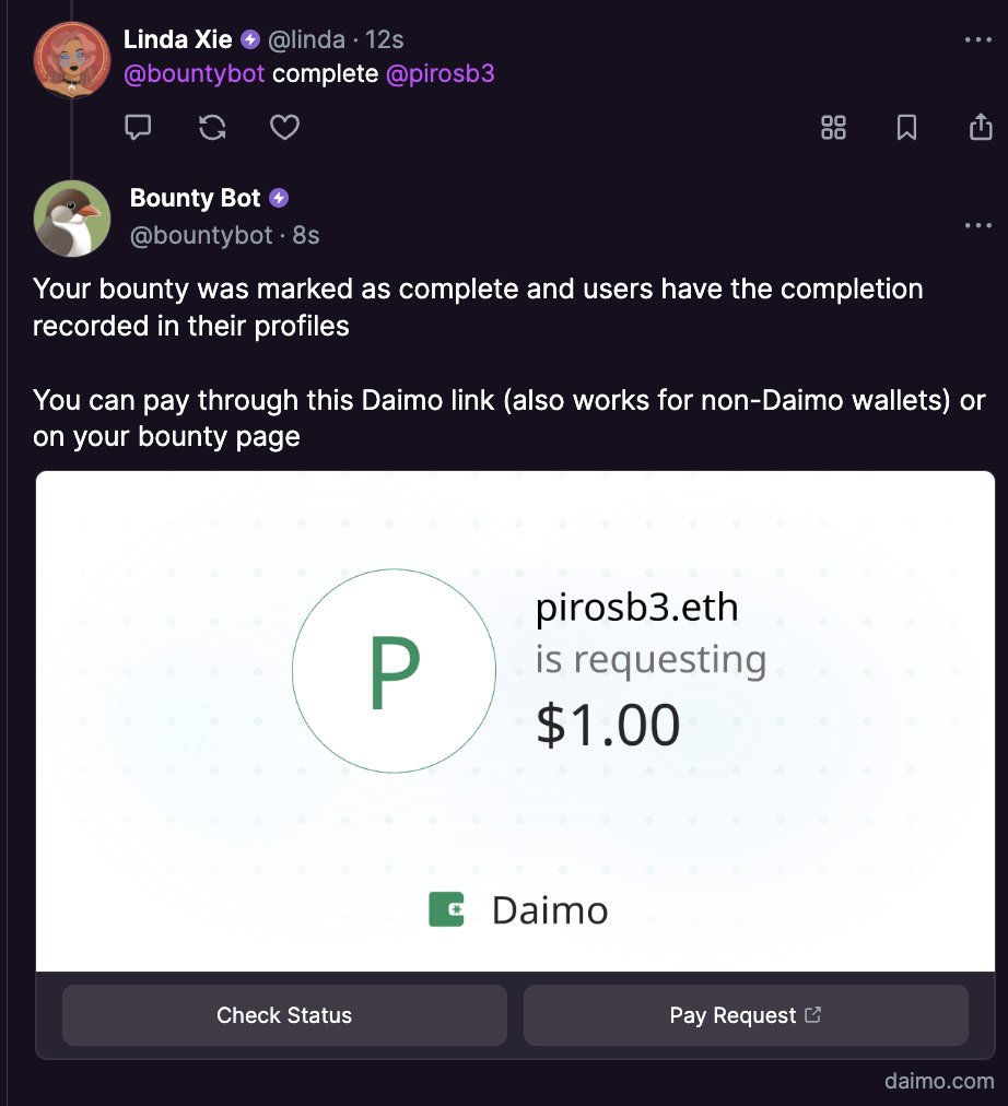 New Bountycaster feature: We added @daimo_eth support! When a Farcaster user marks their USDC bounty as complete, they'll get a Daimo link to pay the user (works for non-Daimo wallets too)