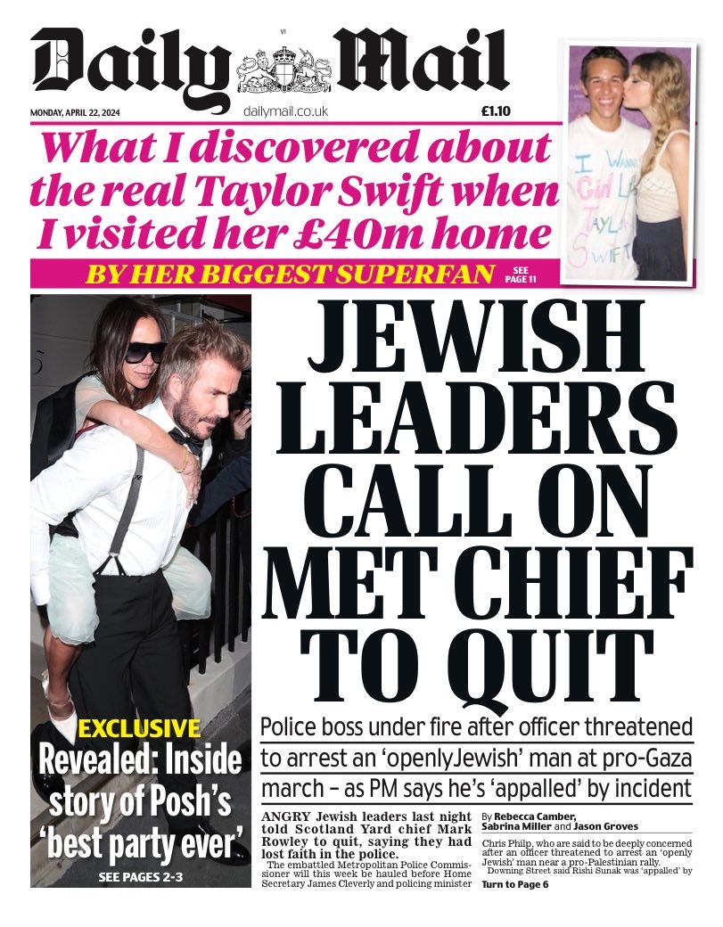 Monday’s Daily MAIL: “Jewish Leaders Call On Met Chief To Quit” #TomorrowsPapersToday