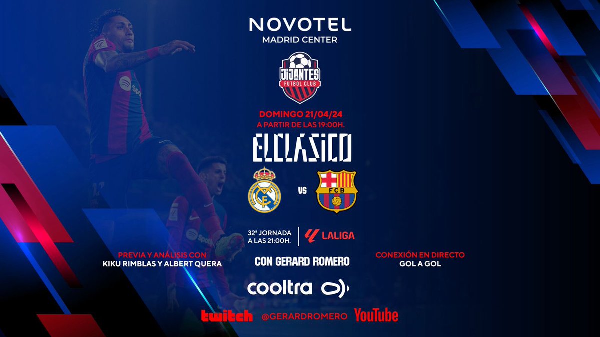Jijantes FC (@jijantesfc) on Twitter photo ⏰ A PARTIR DE LAS 19h
✨ Día de partido, día de Clásico con <a href="/gerardromero/">Gerard Romero</a> en el <a href="/NovotelMCenter/">Novotel Madrid Center</a> 
⚽️ Real Madrid - Barça con el análisis de <a href="/KikuRimblas/">Kiku Rimblas</a> y <a href="/AlbertQuera/">Albert Quera</a> 
🔗 twitch.tv/gerardromero ⏰ A PARTIR DE LAS 19h
✨ Día de partido, día de Clásico con <a href="/gerardromero/">Gerard Romero</a> en el <a href="/NovotelMCenter/">Novotel Madrid Center</a> 
⚽️ Real Madrid - Barça con el análisis de <a href="/KikuRimblas/">Kiku Rimblas</a> y <a href="/AlbertQuera/">Albert Quera</a> 
🔗 twitch.tv/gerardromero