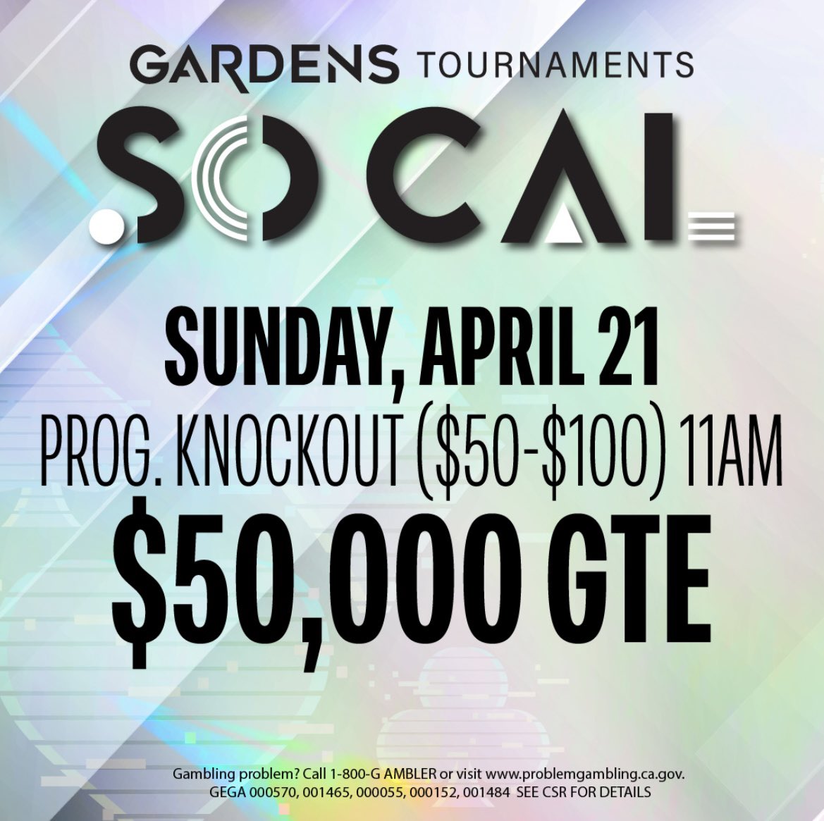 cavincasino's tweet photo. Sunday (Today 4/21) Events
11am - $360 NLH Progressive Bounty
$50K GTE ๐ 1-Day Event (Reg until 2:35pm)
12pm - Day 2 of $200K GTE Main Event
(34 players returning)
3pm - Single Table Sit-N-Goโs $75-$150
#SoCalSpringSpecial @gardenscasino https://t.co/1Umx4QtUYZ