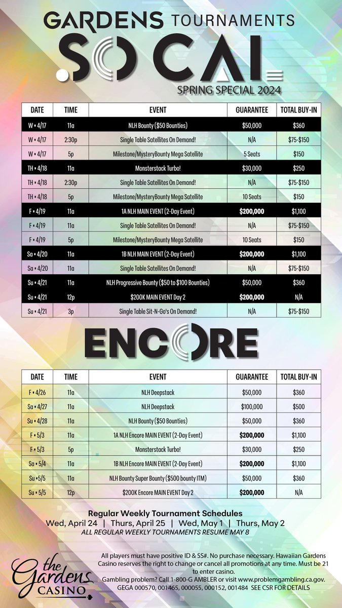 cavincasino's tweet photo. Sunday (Today 4/21) Events
11am - $360 NLH Progressive Bounty
$50K GTE ๐ 1-Day Event (Reg until 2:35pm)
12pm - Day 2 of $200K GTE Main Event
(34 players returning)
3pm - Single Table Sit-N-Goโs $75-$150
#SoCalSpringSpecial @gardenscasino https://t.co/1Umx4QtUYZ
