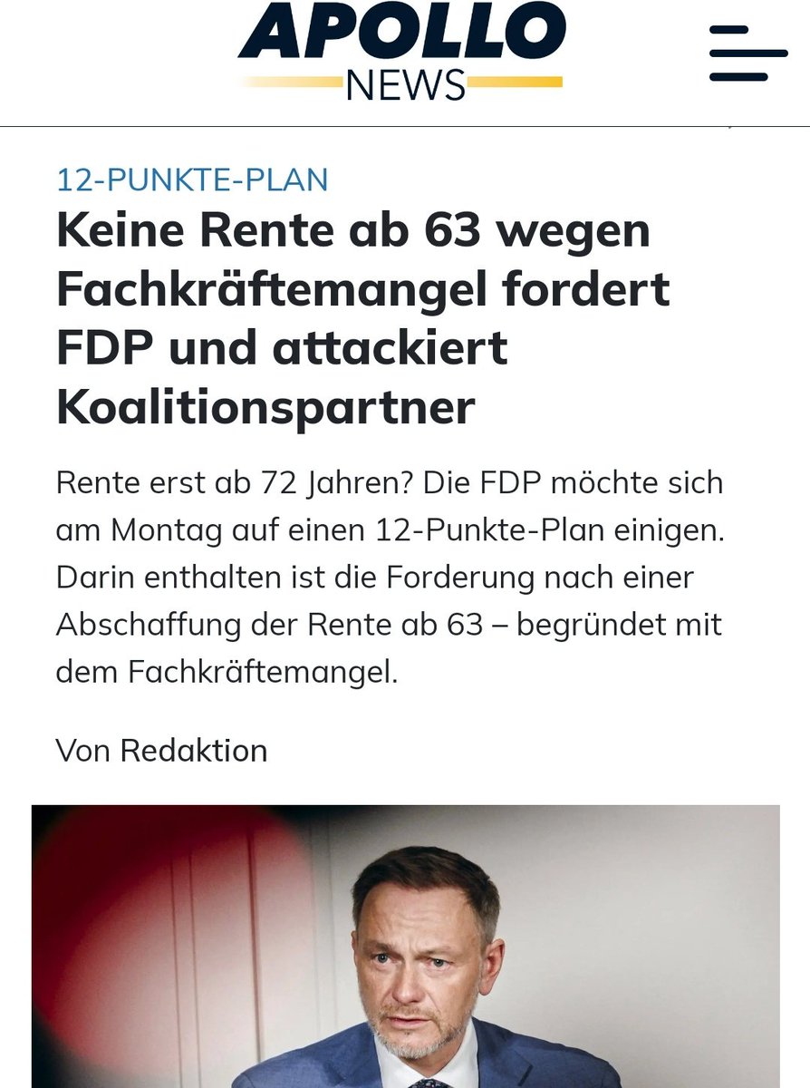 Wenn die FDP tatsächlich die Rente mit 72 fordern sollte, kann sie sich schonmal aus allen Parlamenten verabschieden. Grund für fehlendes Geld ist auch nicht der Fachkräftemangel, sondern zu hohe Ausgaben.