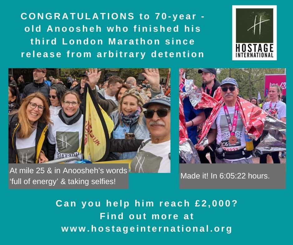 We have had an amazing day at the #LondonMarathon cheering @FreeAnoosheh and all the incredible runners. Please give what you can and find out more here: hostageinternational.org/news/london-ma…
