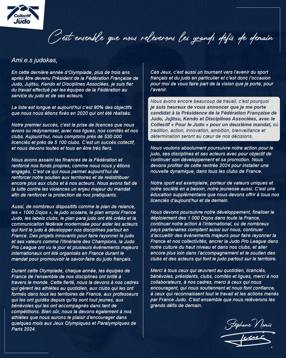 Je suis heureux de vous annoncer que je me porte officiellement candidat à la présidence de la Fédération Française de Judo, Jujitsu, Kendo et Disciplines Associées avec le Collectif Pour Le Judo pour un deuxième mandat. 🥋🇫🇷