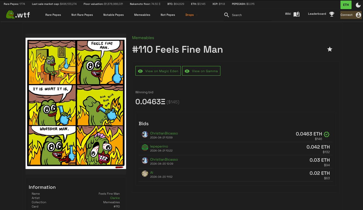 sending frog love to <a href="/BillyNFTees/">Bicasso</a> <a href="/al_fernandz/">Al (capybara arc)</a> &amp; lepeperino for your their bids on Memeable #110 “Feels Fine Man” 🐸🔥 …Congrats for the win Billy!  
and of course thanks to  @MemeablesBTC &amp; <a href="/pepe__wtf/">pepe.wtf</a> !

🖍️🐸💚