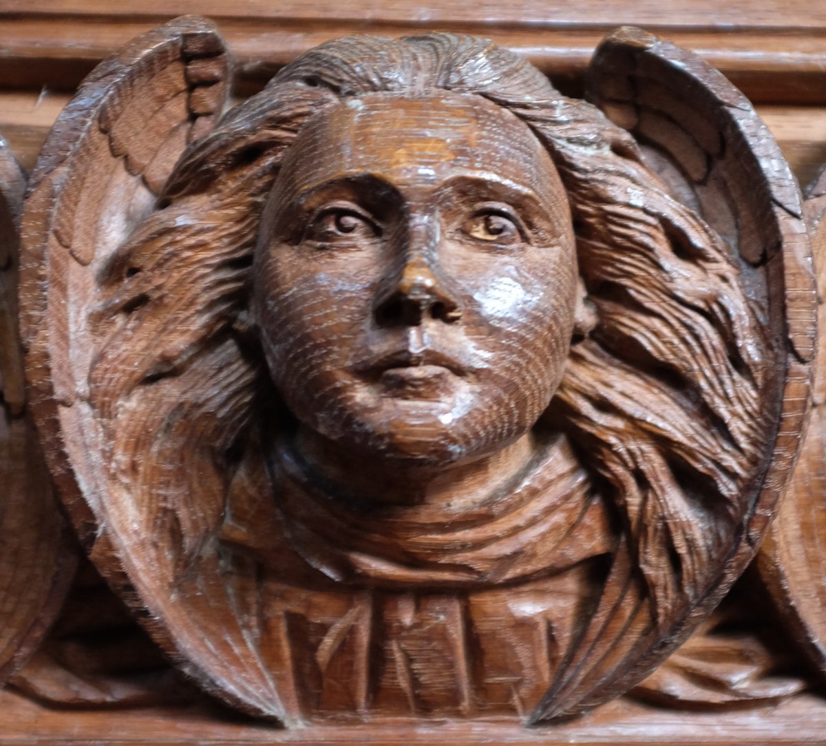Ermington #Devon Characterful heads at the base of the pulpit carved by the #Pinwill sisters for their father's church in 1889 are said to represent the sisters themselves. If so, these two are Violet and Mary, I reckon. 📸: my own #WoodcarvingWednesday