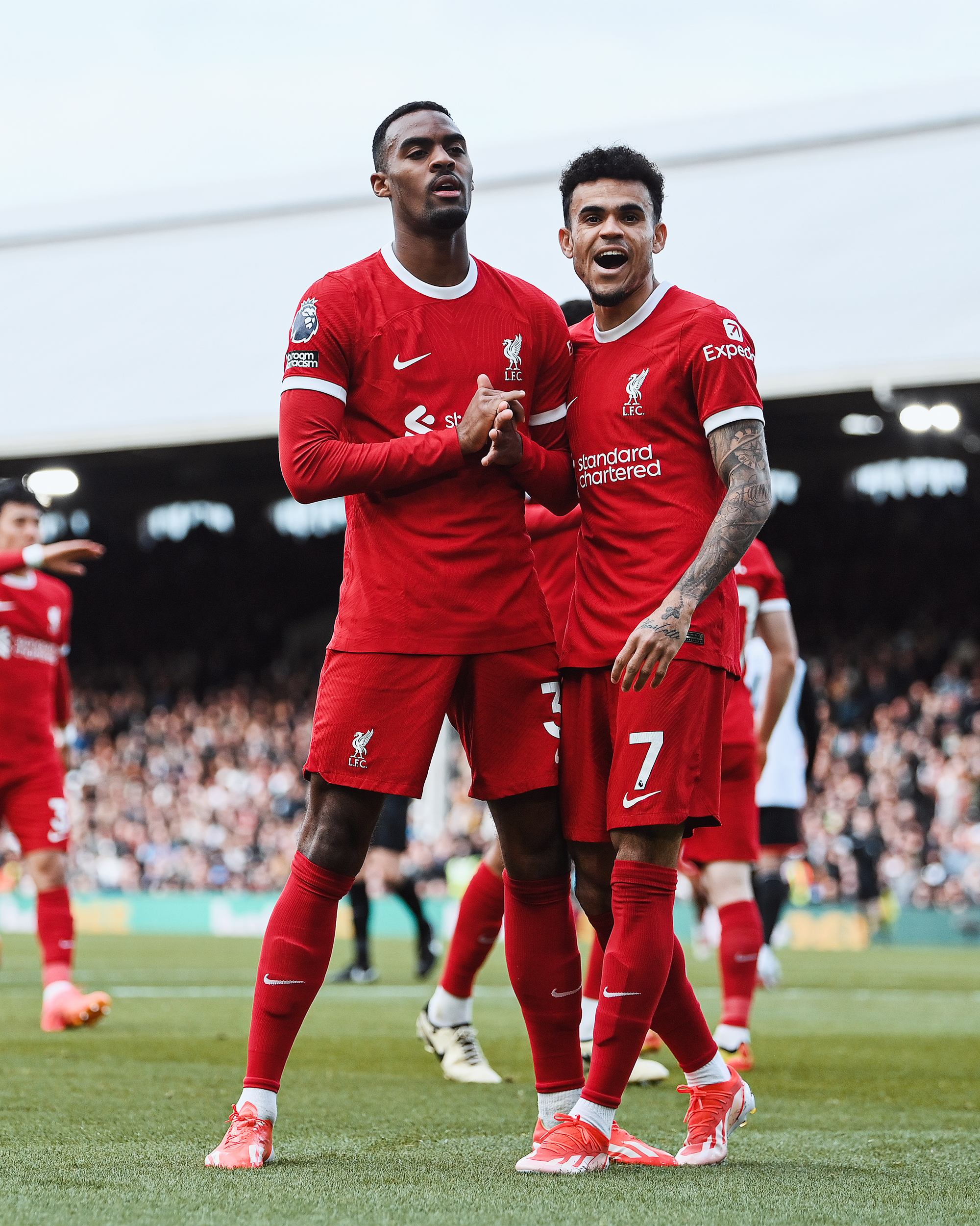 Photography of Ryan Gravenberch celebrating after scoring our second goal in Fulham v Liverpool.