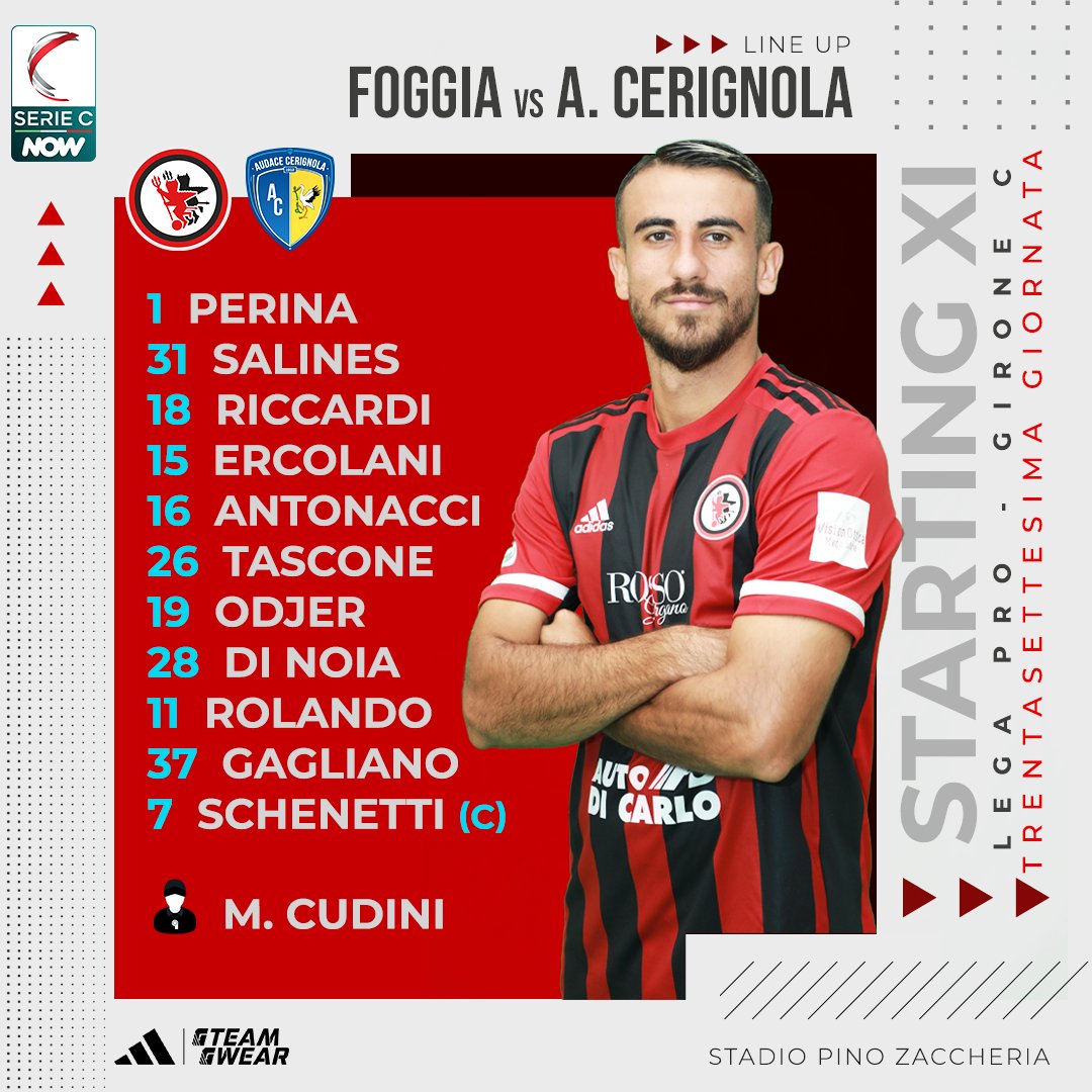 𝗦𝗧𝗔𝗥𝗧𝗜𝗡𝗚 𝗫𝗜 🔴⚫️
Gli 1️⃣1️⃣ iniziali scelti da Mister #Cudini per il match con il #Cerignola 💪

#ForzaFoggia #NonTiLascioMai
#FOGCER #SerieCNow