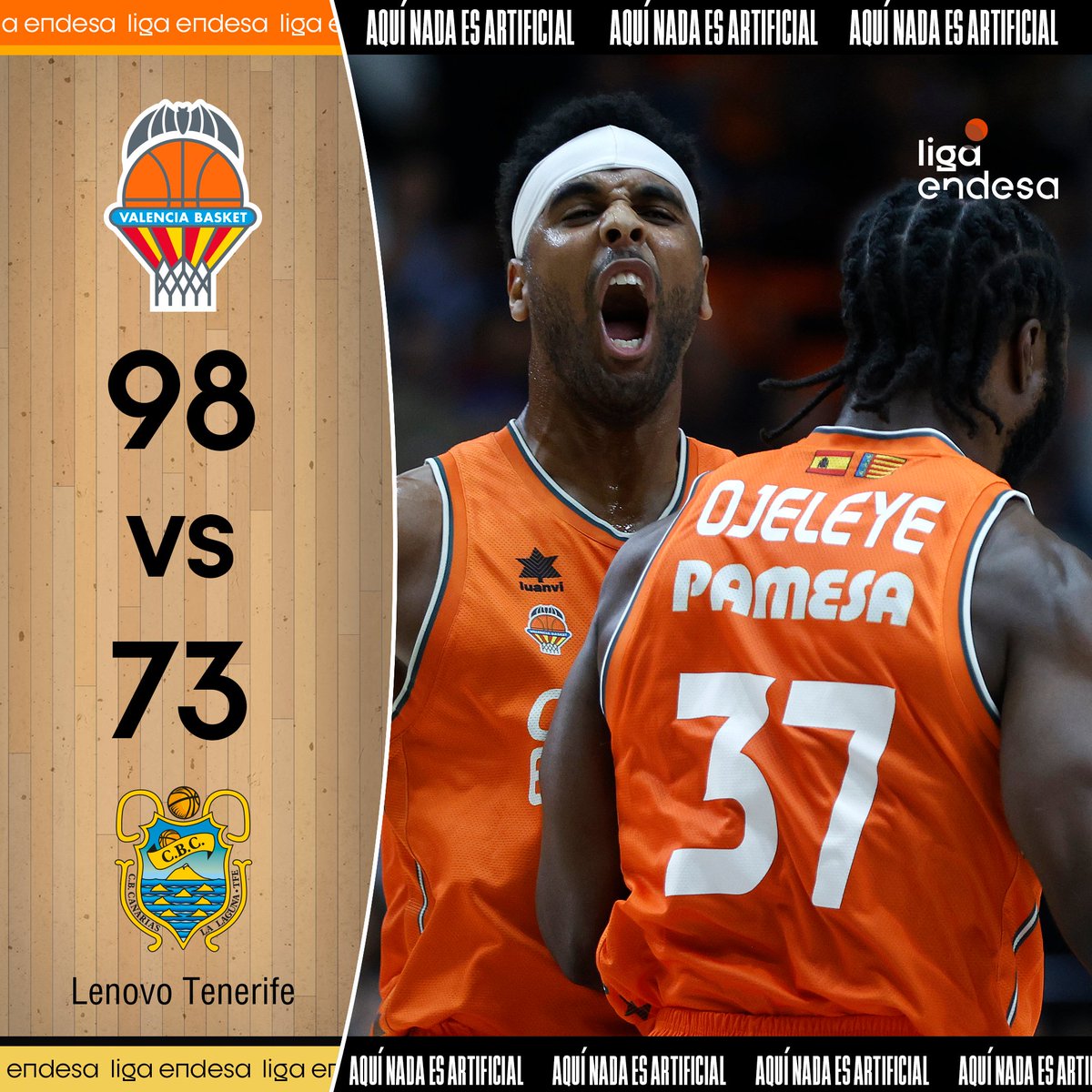 Valencia Basket vence contundentemente a Lenovo Tenerife para seguir luchando por ser cabeza de serie en el #PlayoffLigaEndesa.

9⃣8⃣ @valenciabasket
7⃣3⃣ Lenovo Tenerife @CB1939Canarias 

#LigaEndesa
#Telefonica100