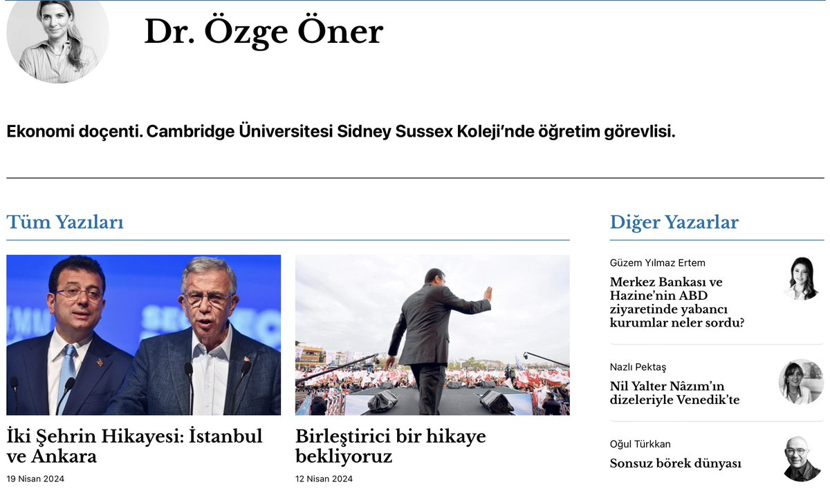 Özge Hanım(@Ozge_Oner) sanırım oksijende yeni yazmaya başladı. Ekonomi ve politikayla ilgili yazılarını çok beğeniyorum. Bu hafta da Charles Dickens'in romanından esinlendiği İki Şehrin Hikayesini (İstanbul ve Ankara) yazmış. Tavsiye ederim.