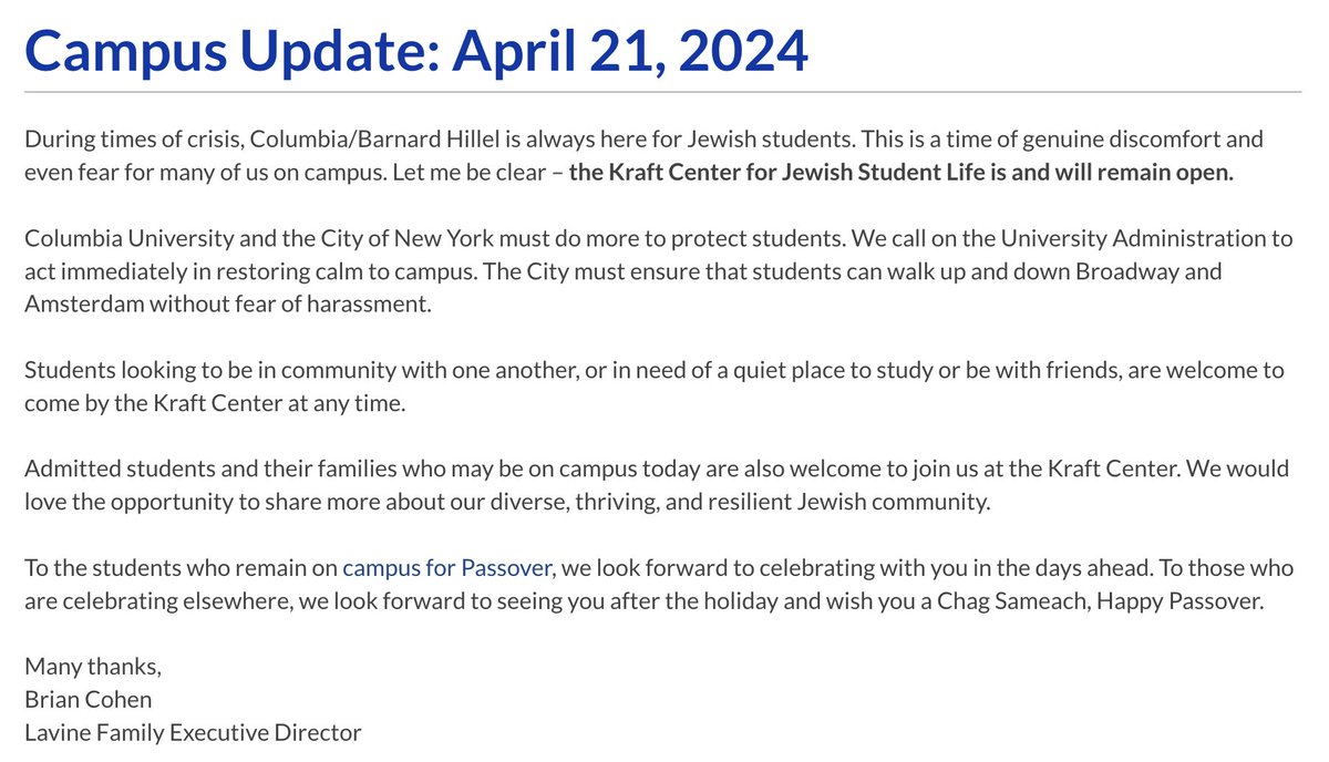 Columbia / Barnard Hillel, the largest Jewish organization at the university, has issued a statement saying it does not believe Jewish students should leave campus: twitter.com/cbhillel/statu…