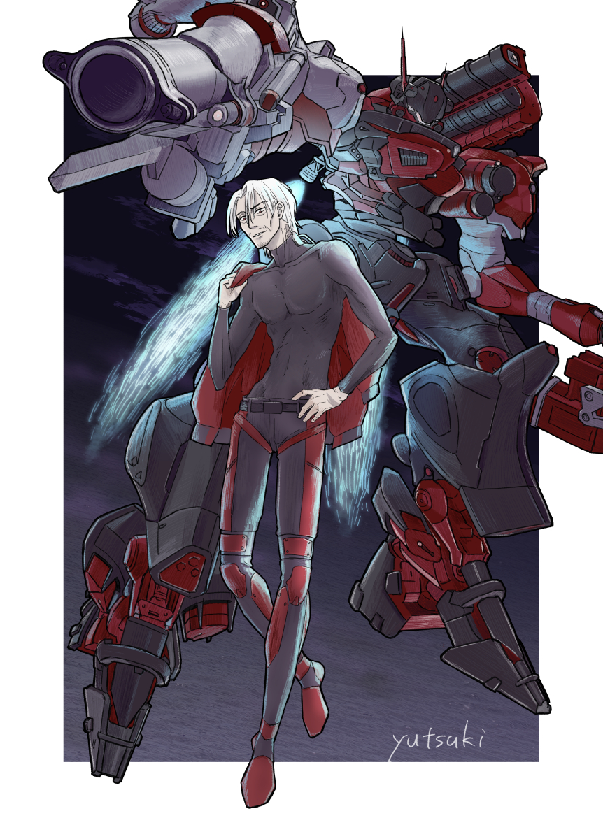 looking at viewer smile 1boy holding jacket white hair male focus  illustration images