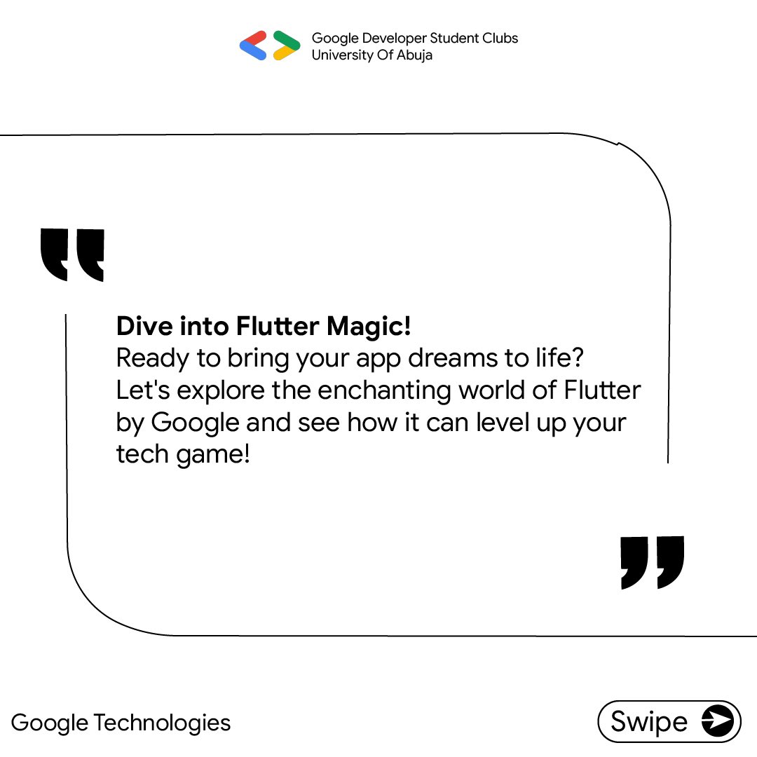 gdsc_uniabuja's tweet image. Level up your mobile app development with Flutter!

#googletechnologies
#Flutter
#mobileapp
#appdevelopment
#GDSCUNIABUJA
#GDSC