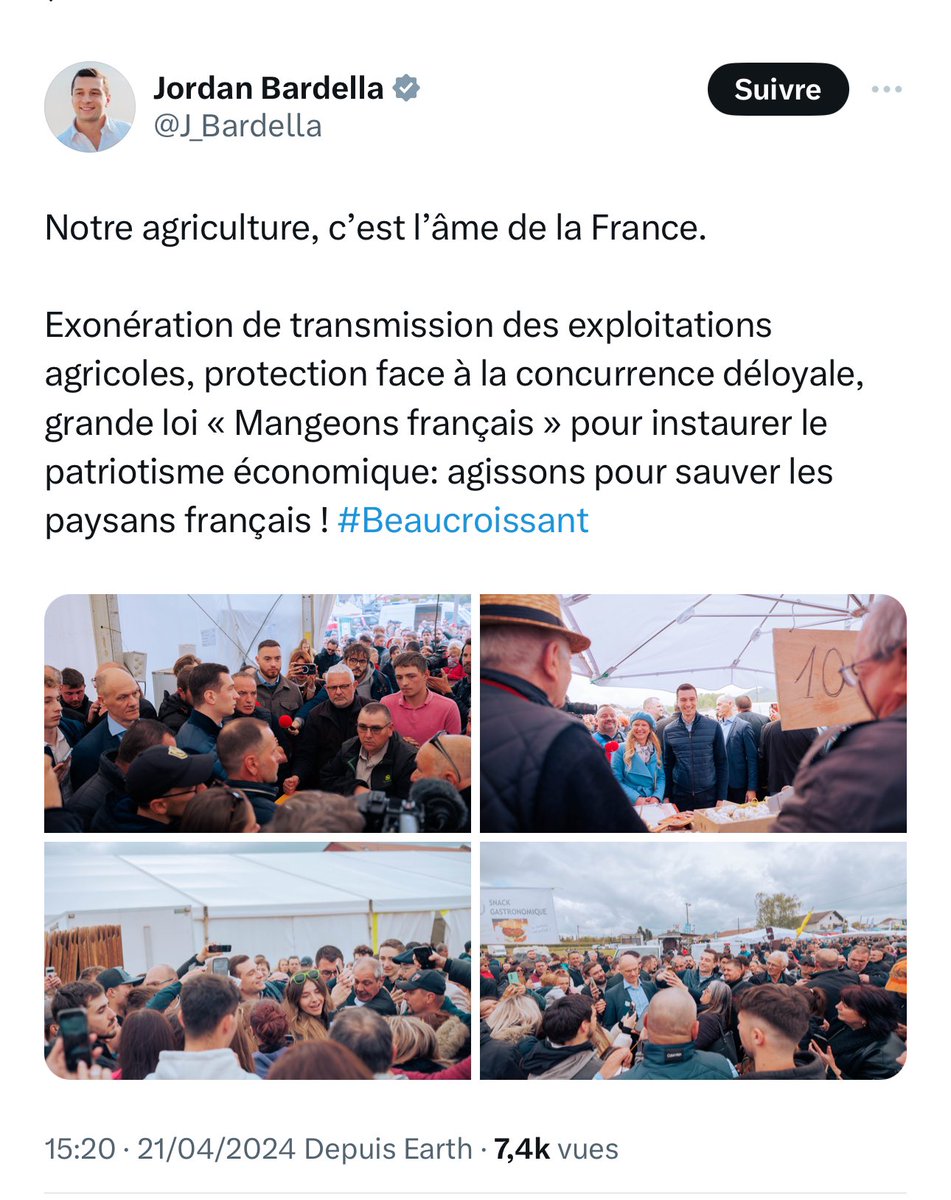 C’est sans doute parce que c’est l’âme de la France @J_Bardella que vous avez voté POUR cette politique agricole commune qui étrangle nos agriculteurs. Vos selfies ne masqueront pas votre duperie.