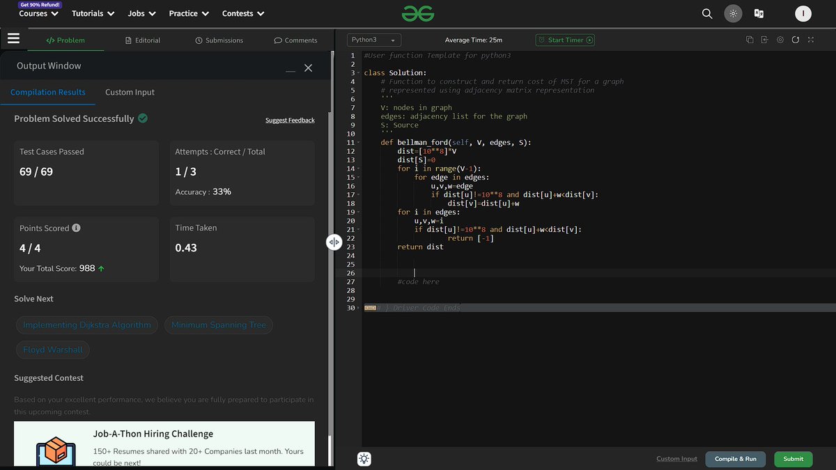 Day 213 of my 365 days of code challenge! 🚀

Today, I tackled the Bellman-Ford algorithm, a fundamental technique in graph theory for finding the shortest paths from a single source vertex to all other vertices in a weighted graph.#365DaysOfCode #BellmanFord #GraphAlgorithms