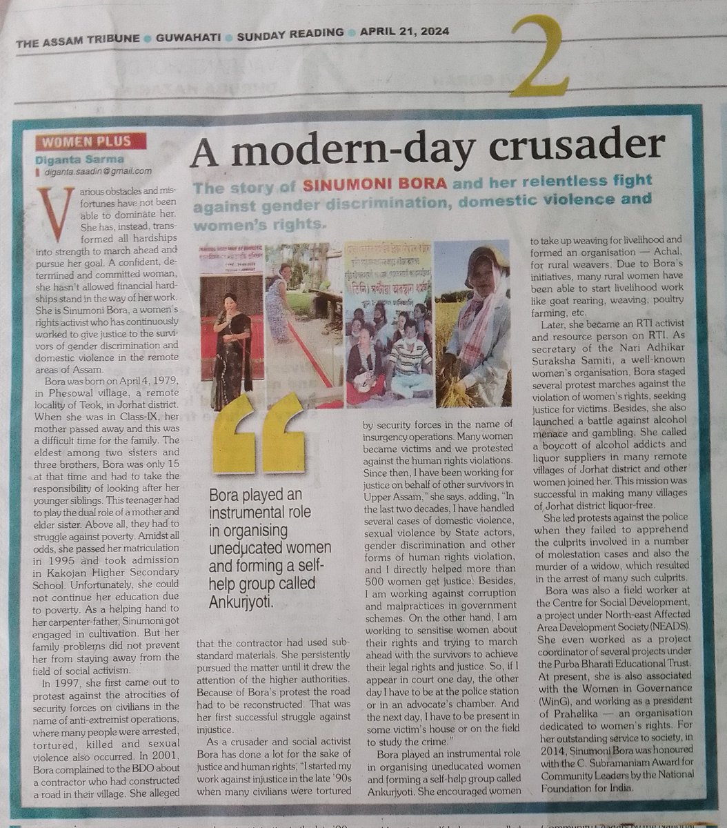 my article at Assam Tribune on social crusader's life and struggle in rural Assam. #HumanRights #genderdiscrimination #gendersensitivity #genderviolence