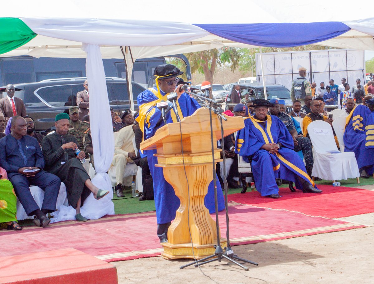 UniOfGambia's tweet photo. Vice Chancellor, Professor Herbert Robinson delivered an inspiring Convocation Statement at the Convocation Ceremony! 
Highlighting our achievements over the past year and congratulating graduates on their success, his words inspire us all. 
#UTGConvocation 
#Classof2023 https://t.co/C5UodARCZz