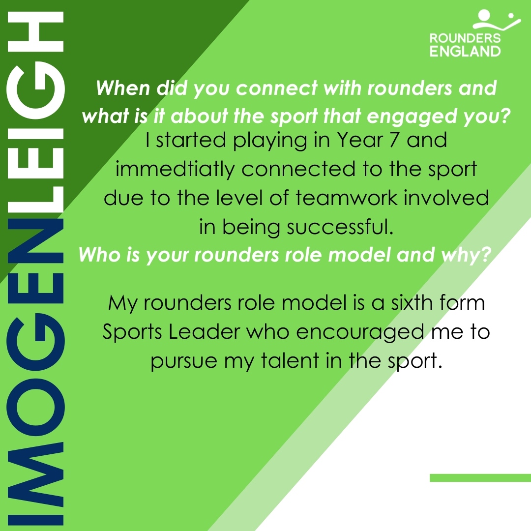 Meet Imogen👋 Imogen is a junior player at our Midlands Regional Hub. Since trialling for the Talent Pathway in 2022, Imogen has being training and competing as a junior elite athlete for Rounders England. Swipe to learn a little more about Imogen, including her top tips!➡️
