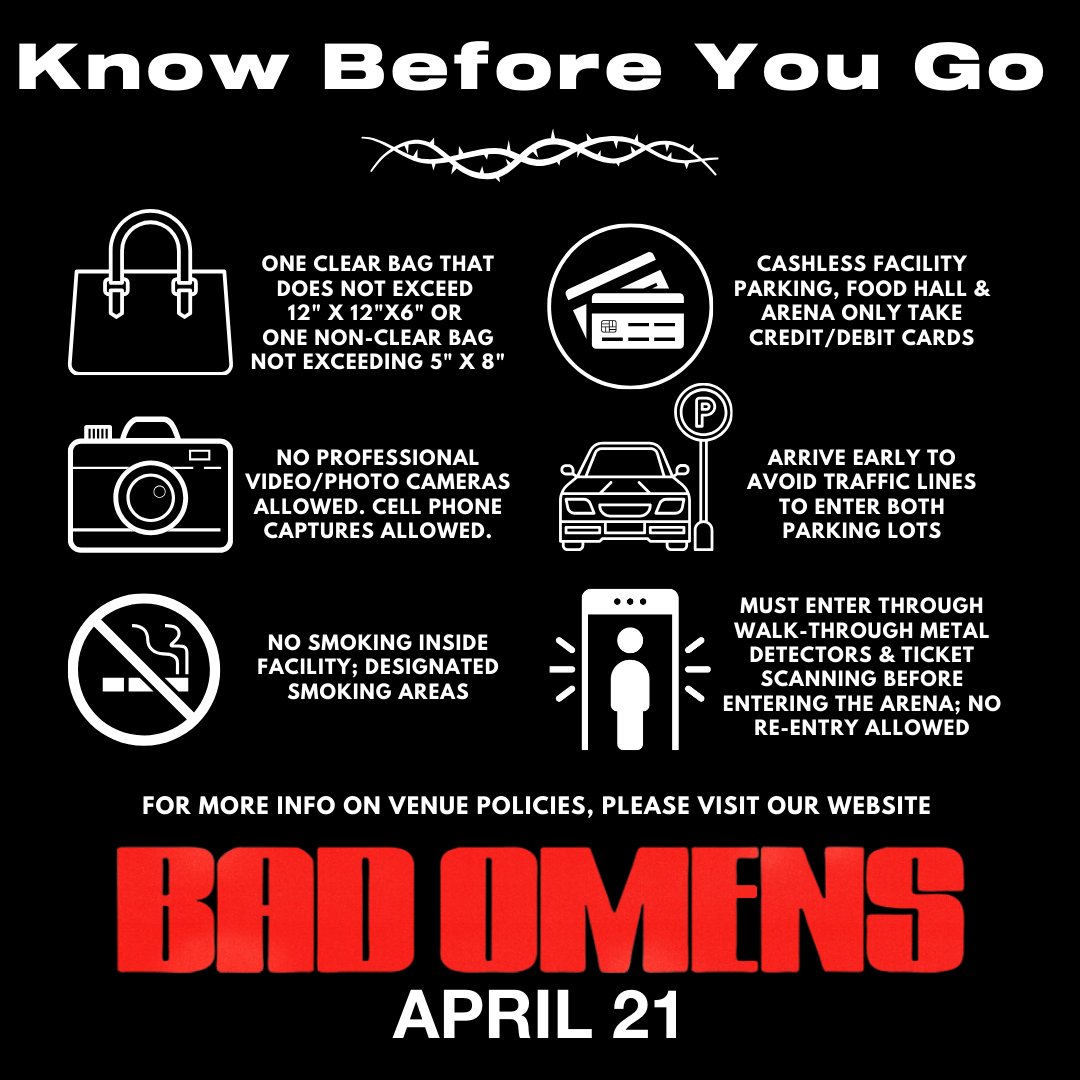 🎸Heading to the Bad Omens concert tonight at the Boeing Center at Tech Port? Check out these essential details you need to know before you go! #BadOmensConcert #TechPortLive Special guests: Invent Animate and I See Stars 🅿️Parking at 4pm 🚪Doors at 6pm 🎶Show at 7pm