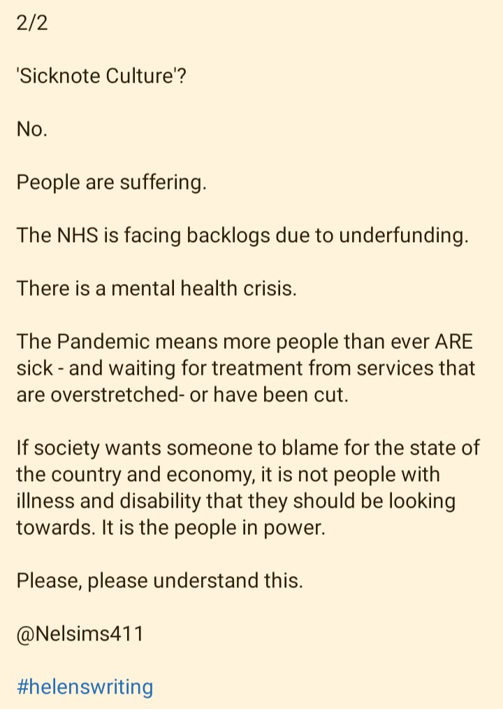 I wrote this yesterday in response to Rishi Sunak's planned changes to Social Security.

I have taken screenshots of my text, which can also be read in 'Alt'.

Like many others, I'm feeling scared by another attack on people with #Disability and illness.

#helenswriting