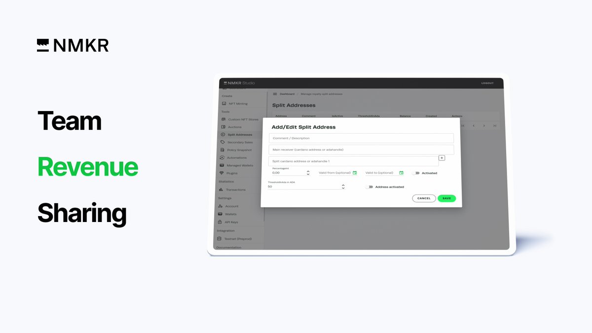 Simplify revenue sharing with your team using #NMKR's additional payout wallet feature. Configure multiple wallets in project settings to distribute sales profits beyond just the primary payout wallet. #Cardano eu1.hubs.ly/H07p0FV0