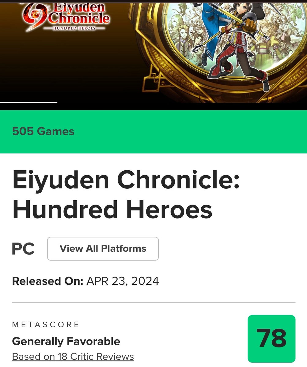 Eiyuden Chronicles Hundred Heroes reviews so far on PC.