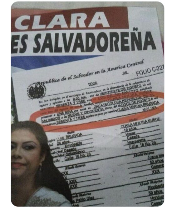 RoninShaolin's tweet photo. Se los dije antes que nadie: la corrupta y resentida social @ClaraBrugadaM es SALVADOREÑA; de padre COLOMBIANO y madre HONDUREÑA. No puede dirigir los destinos de la CDMX una cínica que miente como respira. Ayúdenme x favor a difundir su acta de nacimiento vía retuit. @STaboadaMx https://t.co/N2C7wufRD1