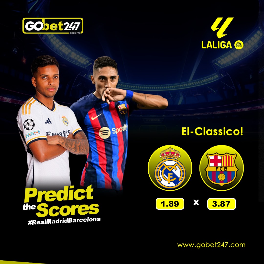 Football's Finest Rivalry Renewed: Real Madrid C.F.  vs FC Barcelona  in the electrifying El Clásico! 🔥⚽ Who will shine brightest under the spotlight? #ElClásicoShowdown 

Bet Now and GO WIN gobet247.com

#Gobet247