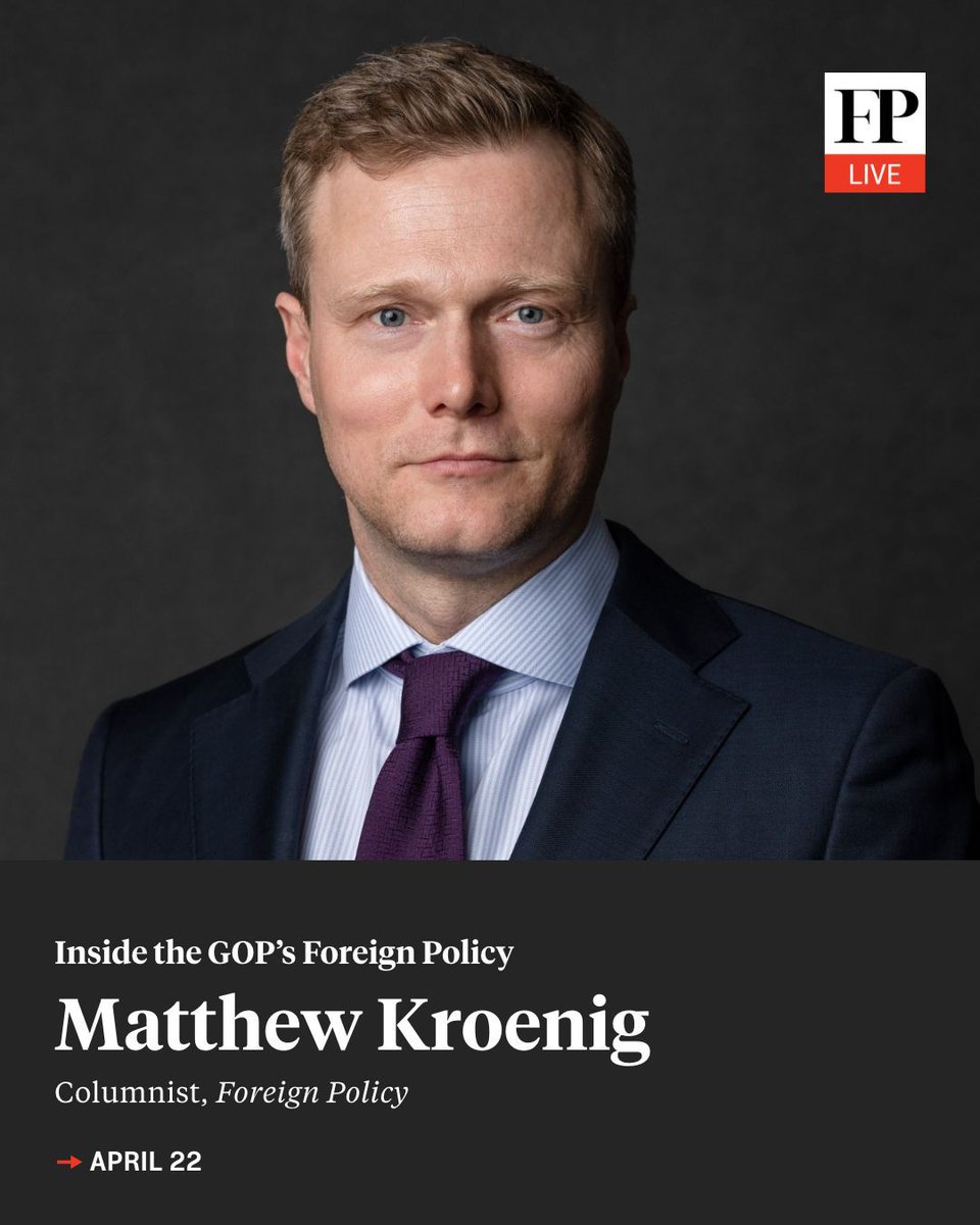 Columnist @MatthewKroenig will join FP Live tomorrow at 12:00pm ET to discuss his new book, “We Win, They Lose: Republican Foreign Policy & the New Cold War,” and what influences former President Donald Trump’s foreign policy. Register here: foreignpolicy.com/live/trump-for…