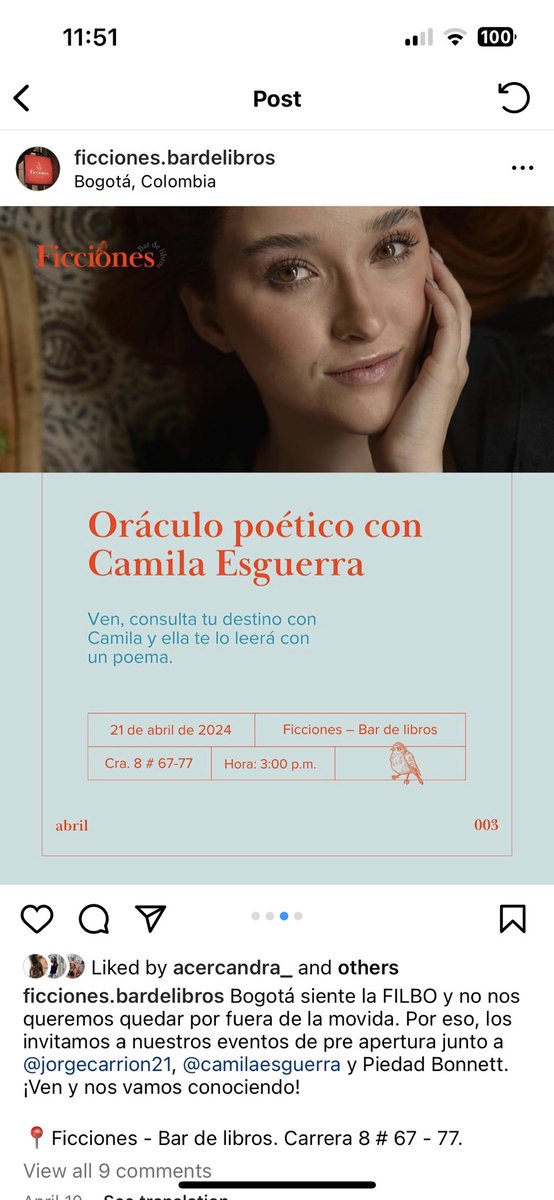 camilaesguerra's tweet photo. HOY NOS VEMOS 🫶 qué emoción volver a tener una lectura con ustedes y dedicarles mis poemas 💌 la entrada es gratis y el evento es para todas las edades hasta completar aforo! Lleguen con tiempo los amo https://t.co/XlymVtuqnV