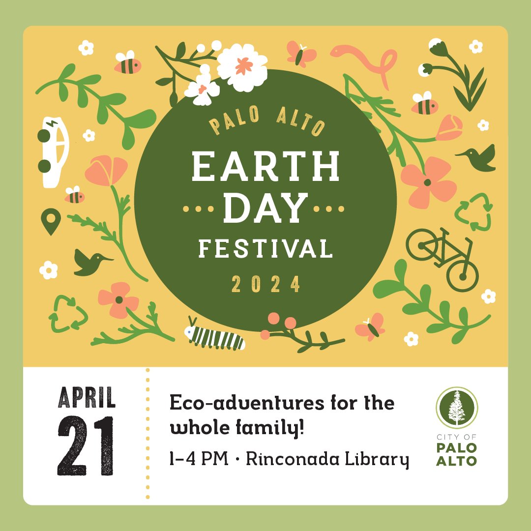 Today's the day! Head over to Rinconada Library from 1 - 4 p.m. for the Palo Alto Earth Day Festival. Connect with the community. Take the Planet Protection Pledge and use the eco-bingo to get started. Talk with home electrification experts & pet a snake! cityofpaloalto.org/EarthDay