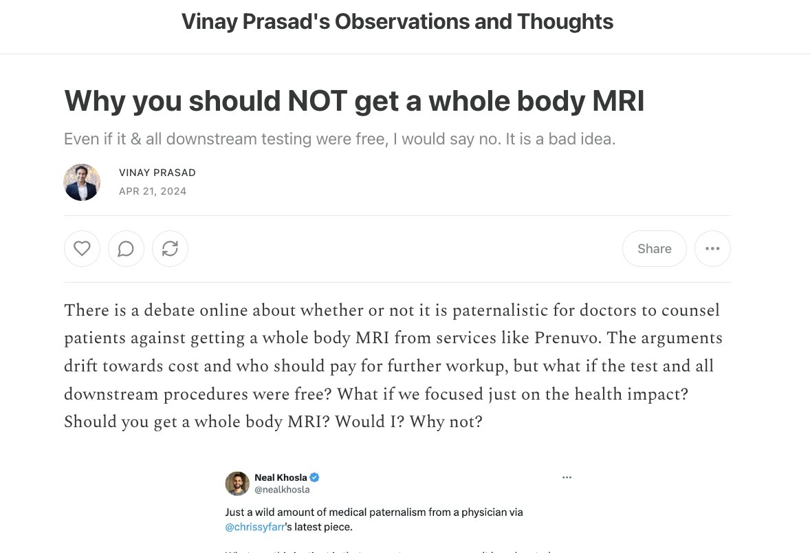 I think its worth explaining in detail while @nealkhosla is incorrect & even if @prenuvo & all downstream testing were free, it would still be a bad idea to get it. This is a long article teaching you why you should NOT get this scan drvinayprasad.com/p/why-you-shou… @chrissyfarr