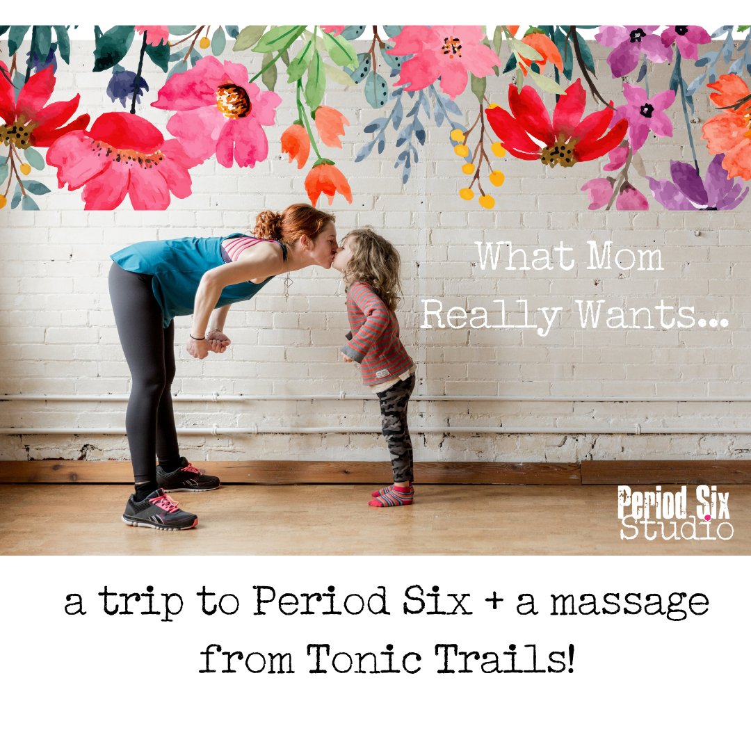 Get Mom and Period Six gift card and keep the pampering going with a wonderful offer that will help her relax, unwind, and breathe deep while enjoying some quiet time: massage + warm salt stones + aromatherapy! Your Period Six gift card will get $15 off a @tonictrails massage